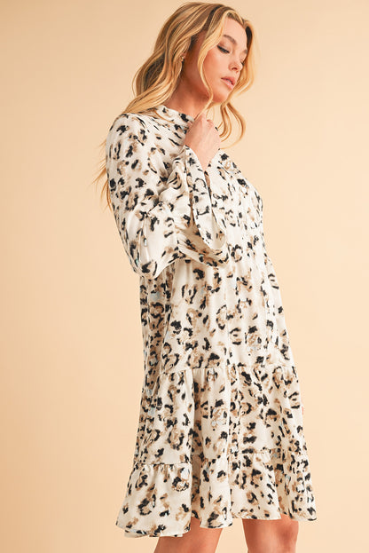 Rose Leopard Button V Neck Pocket Flowy Mini Dress