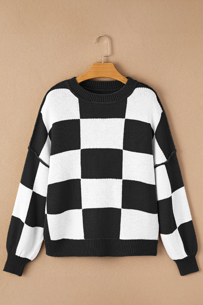 Pink Checked Bishop Sleeve Pullover Sweater
