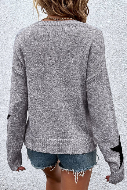 Gray Star Pattern Drop Shoulder Knit Sweater