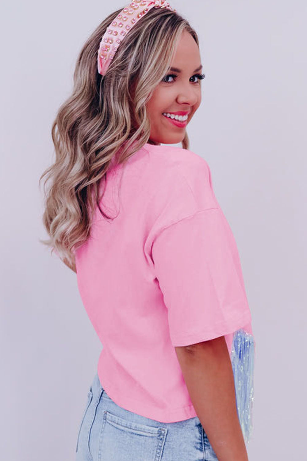 Pink Casual Fringe Sequin Hem Cropped T Shirt