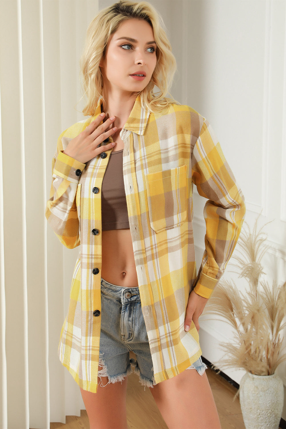 Pink Long Sleeve Collar Button Up Flannel Shacket