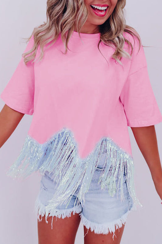Pink Casual Fringe Sequin Hem Cropped T Shirt