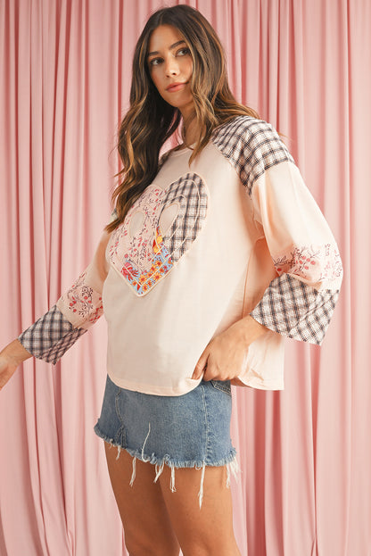Aqua Plaid Floral Patchwork Heart Long Sleeve Top