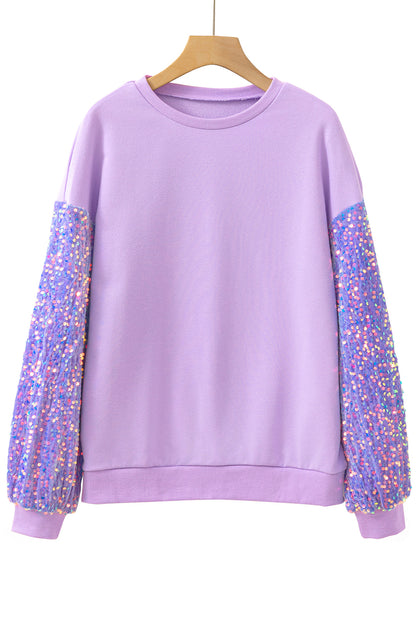 Pink Sequin Patchwork Long Sleeve Pullover Top