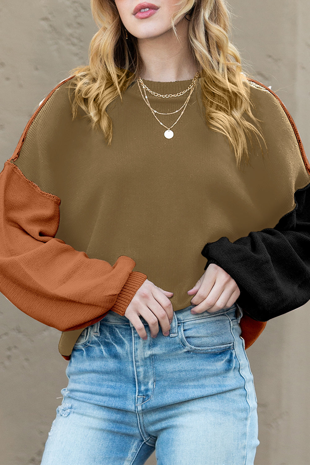 Brown Colorblock Bishop Sleeve Exposed Seam Ribbed Trim Sweater