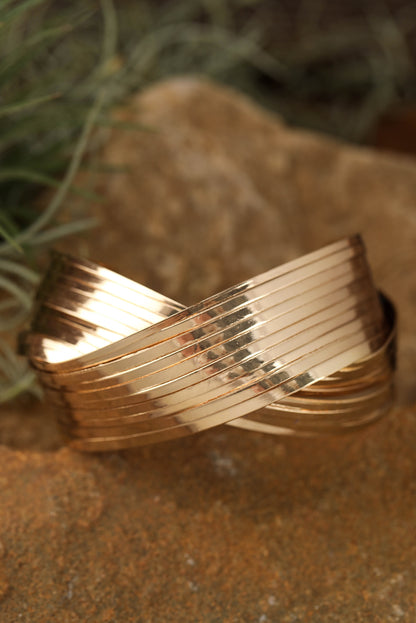 Gold Textured Crossover Metal Cuff Wide Bracelet