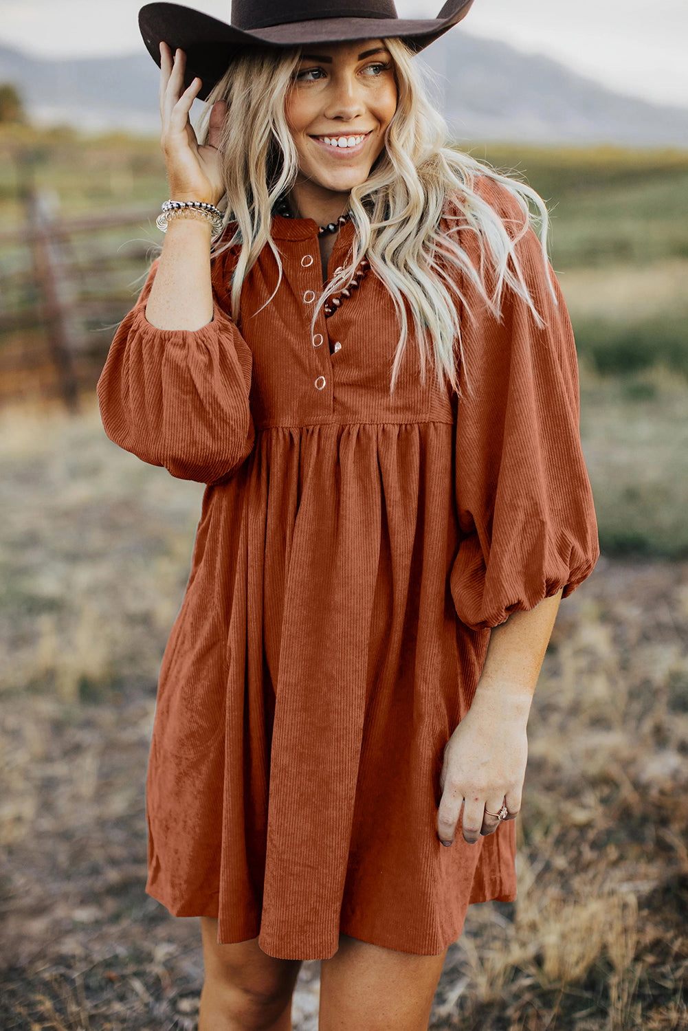 Vineyard Green Snap Button Empire Waist Lantern Sleeve Corduroy Dress