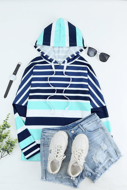 Blue Striped Color Block Drawstring Long Sleeve Hoodie