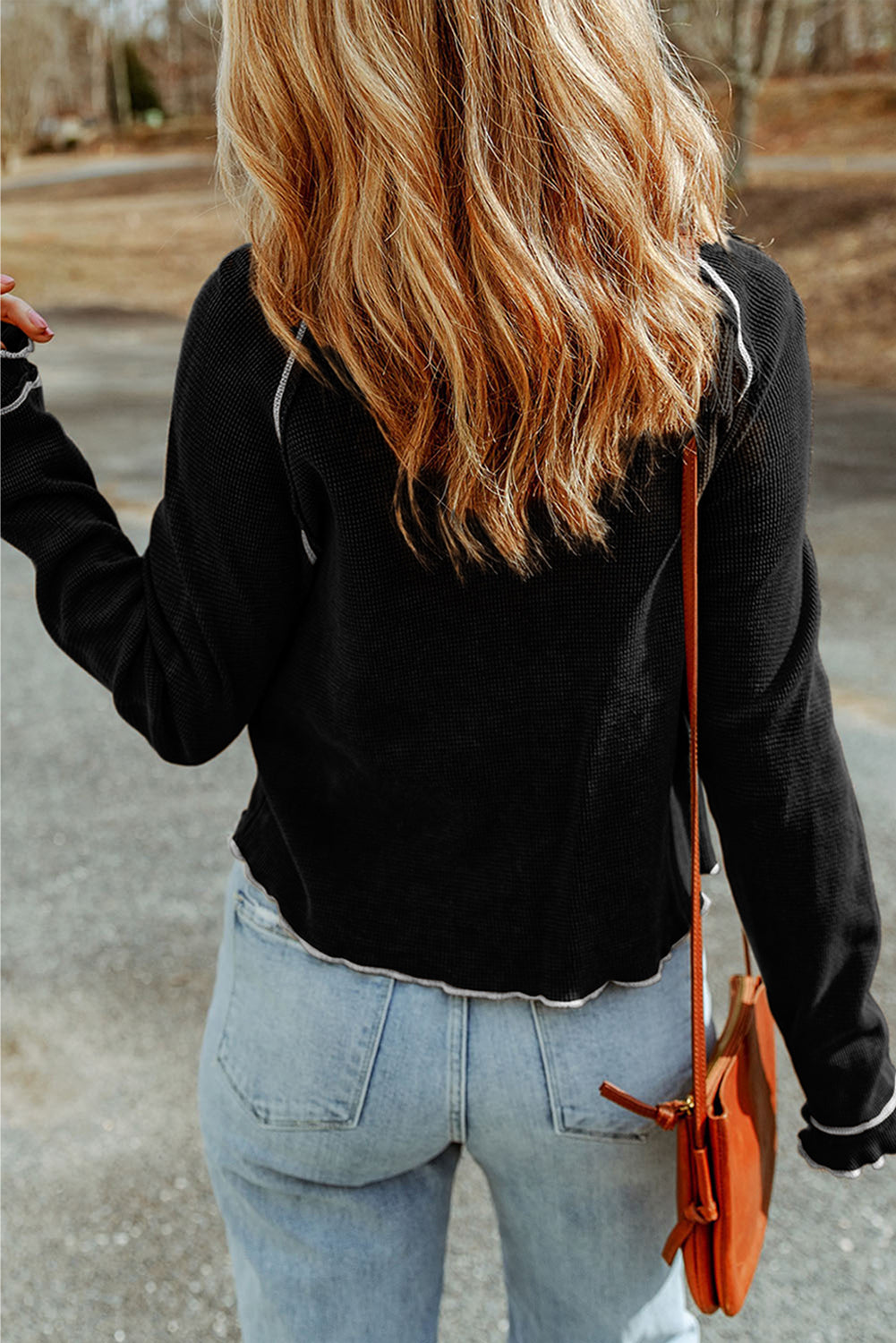 Red Exposed Seam Textured Pullover Long Sleeve Top