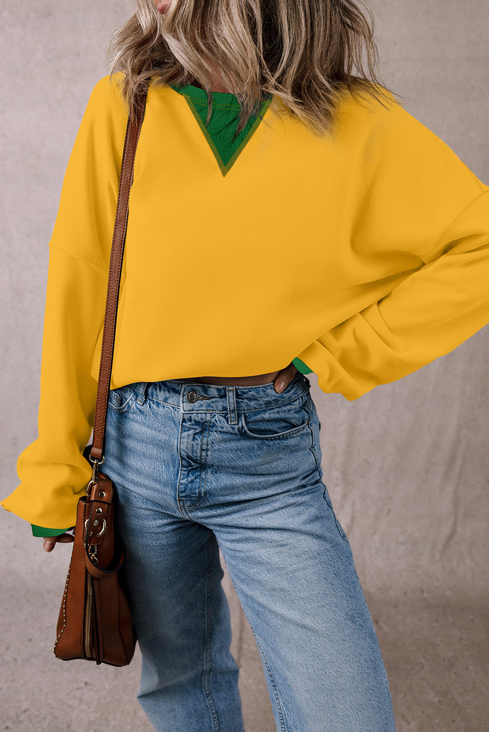 Red Clay Color Block Drop Shoulder Crewneck Oversized Sweatshirt