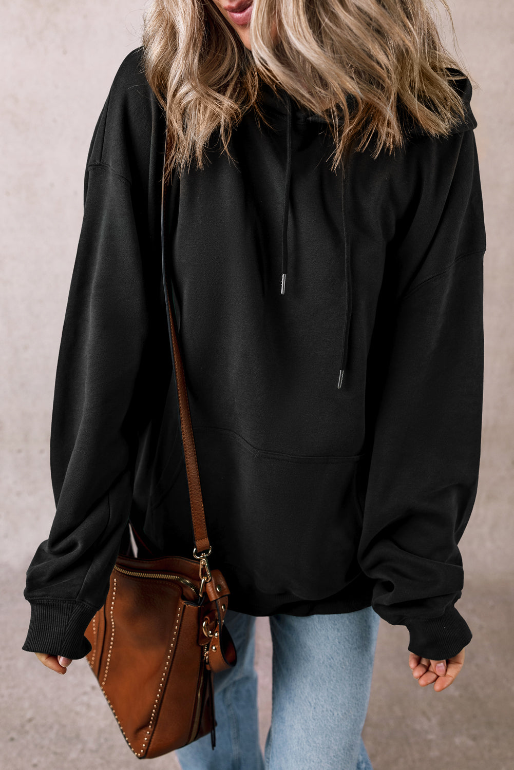Black Kangaroo Pocket Drawstring Chunky Hoodie