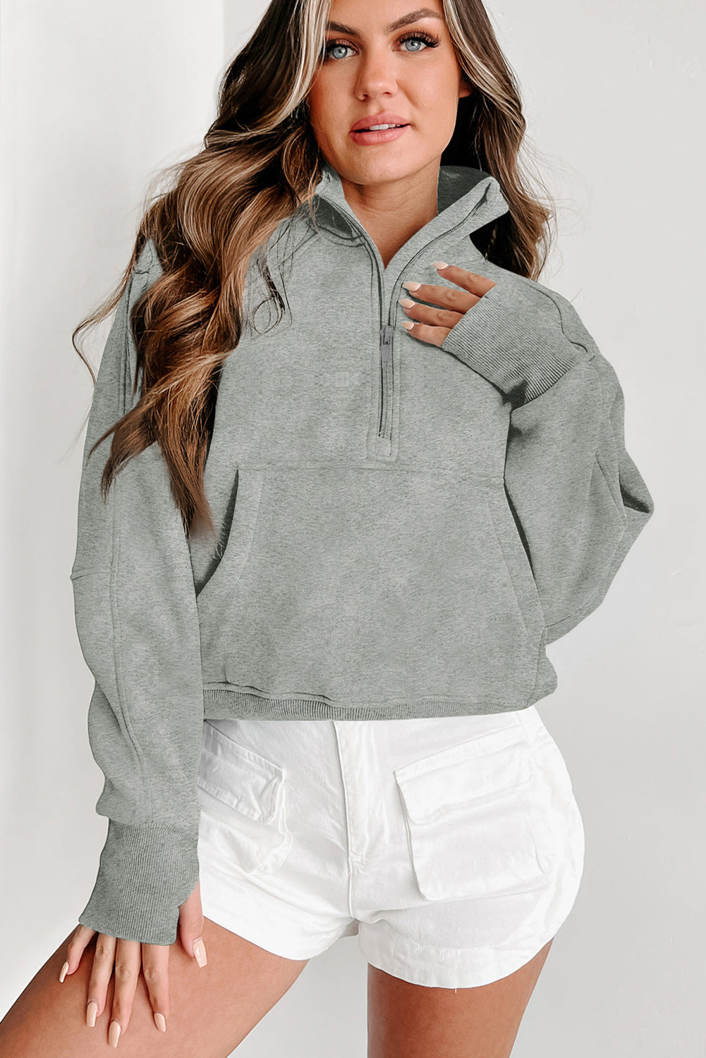 Brown Stand Collar Thumbhole Sleeve Sweatshirt