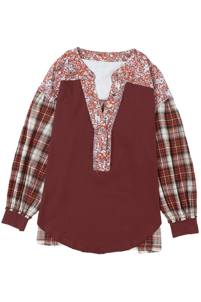 Dark Blue Floral Plaid Mixed Patchwork Bishop Sleeve Top