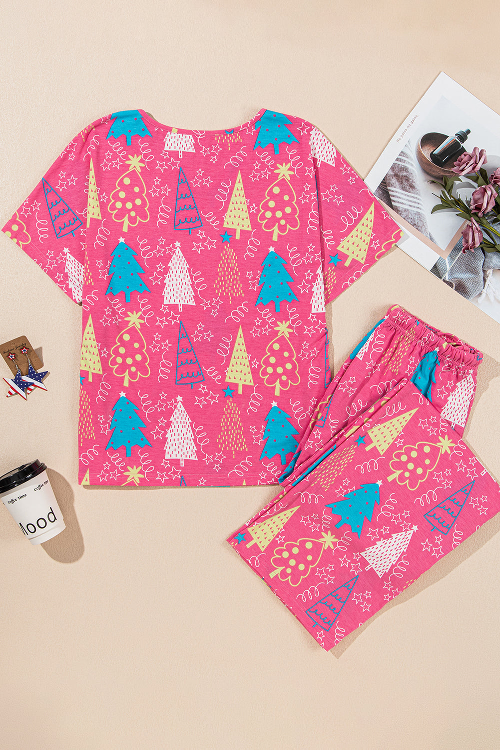 Red Christmas Tree Print V Neck Tee and Pants Loungewear Set