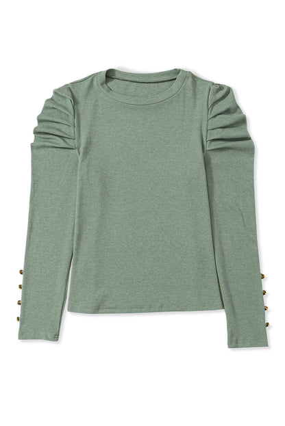 Gray Basic Buttoned Puff Long Sleeve Sheath Top