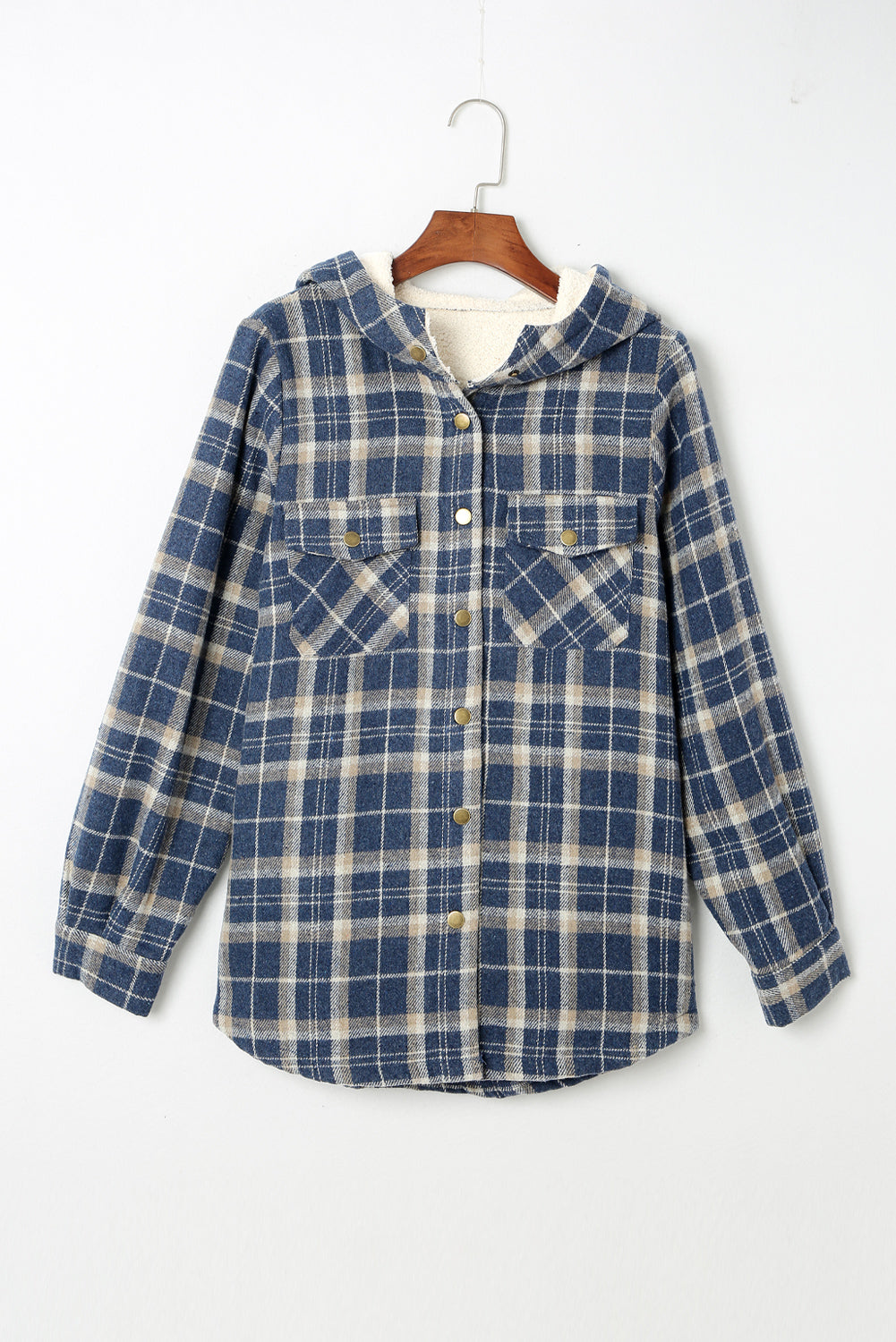 Blue Snap Button Sherpa Lined Hooded Flannel Jacket