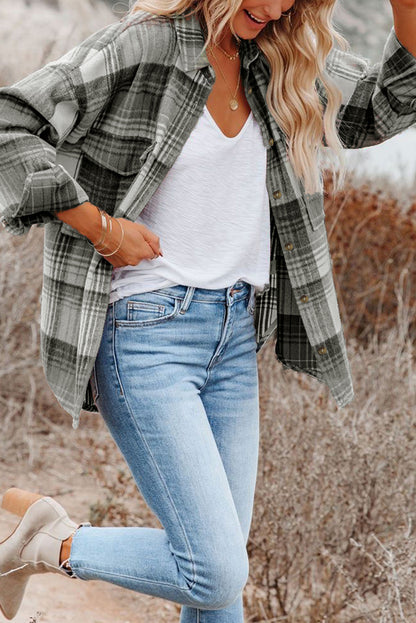 Pink and Grey Plaid Button Up Collar Flannel Shacket