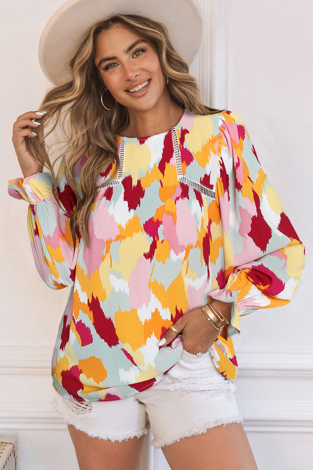 Multicolor Abstract Print Ruffle Puff Sleeve Blouse