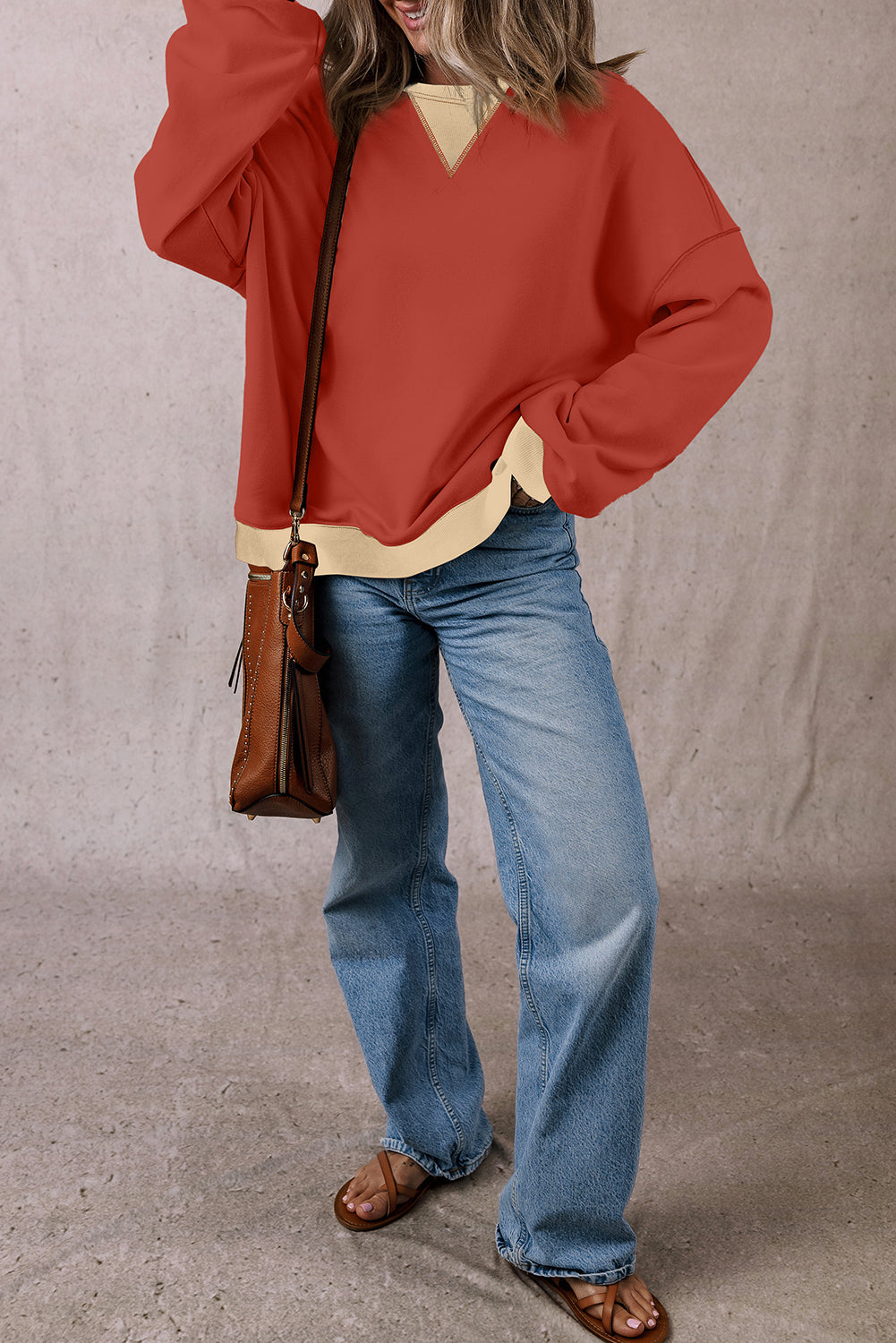 Red Clay Color Block Drop Shoulder Crewneck Oversized Sweatshirt