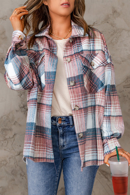 Pink and Grey Plaid Button Up Collar Flannel Shacket
