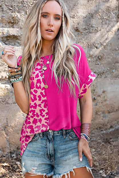 Leopard Color Block Casual Tee with Rolled Sleeves