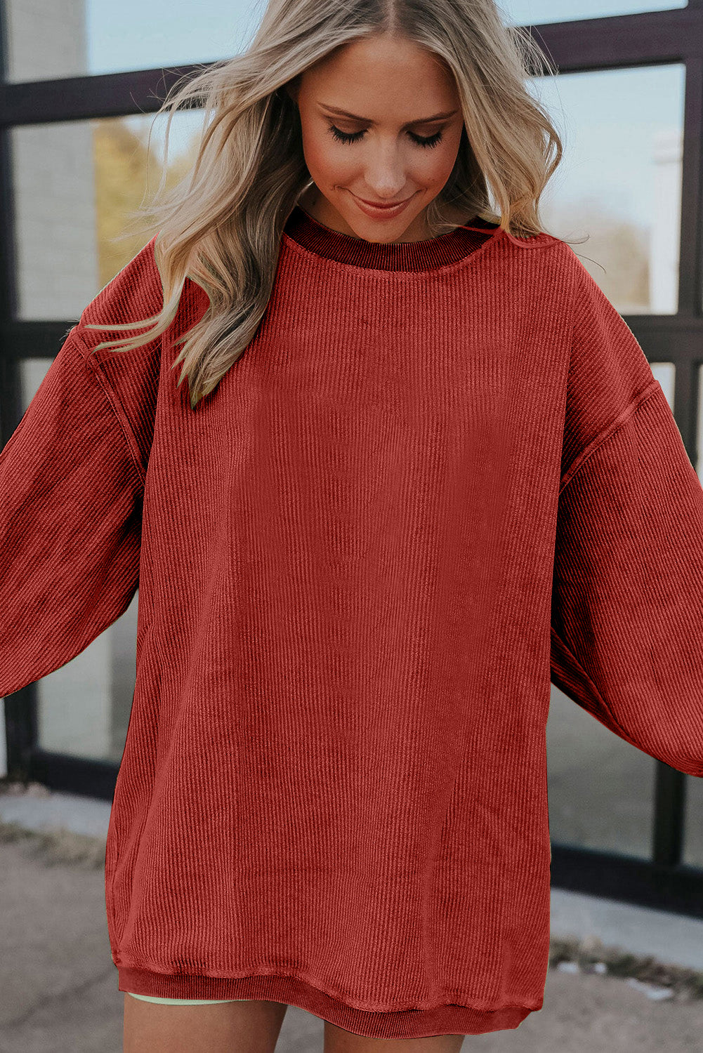 Strawberry Pink Drop Sleeve Ribbed Oversized Sweatshirt