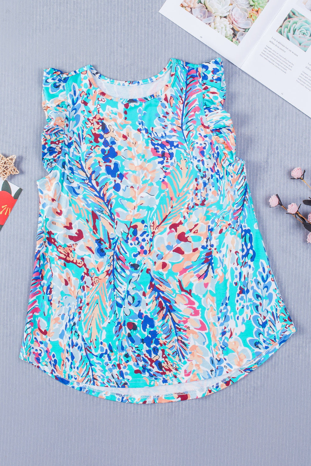 Rosy Boho Abstract Print Color Block Ruffle Babydoll Sleeveless Shirt