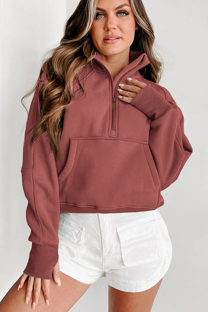 Brown Stand Collar Thumbhole Sleeve Sweatshirt