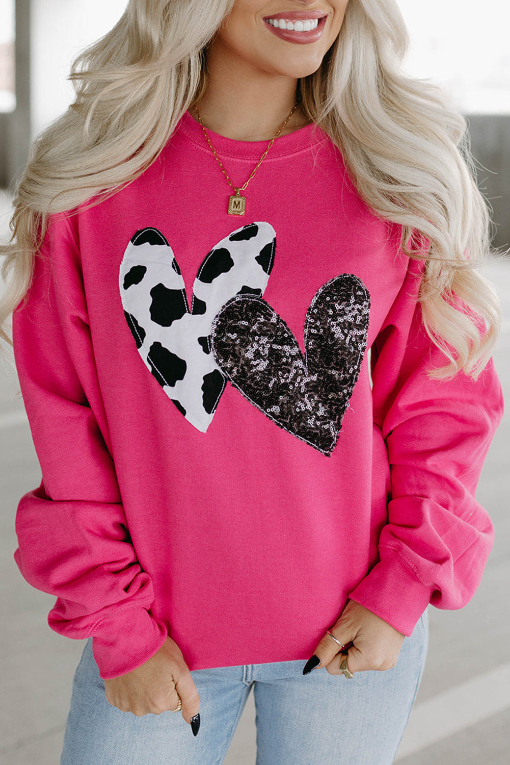 Strawberry Pink Sequins Heart Graphic Sweatshirt