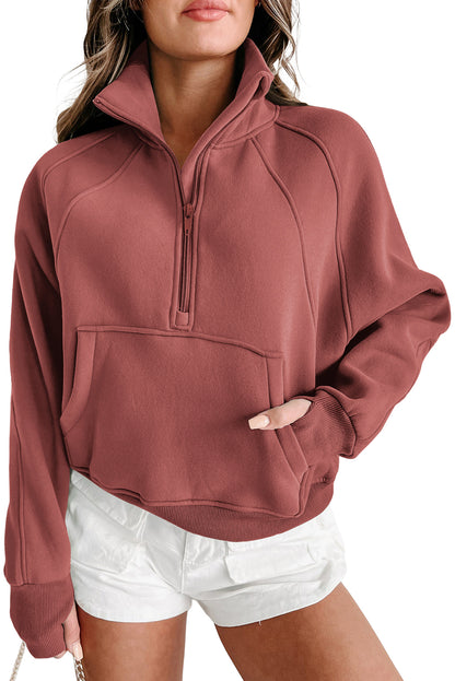 Brown Stand Collar Thumbhole Sleeve Sweatshirt