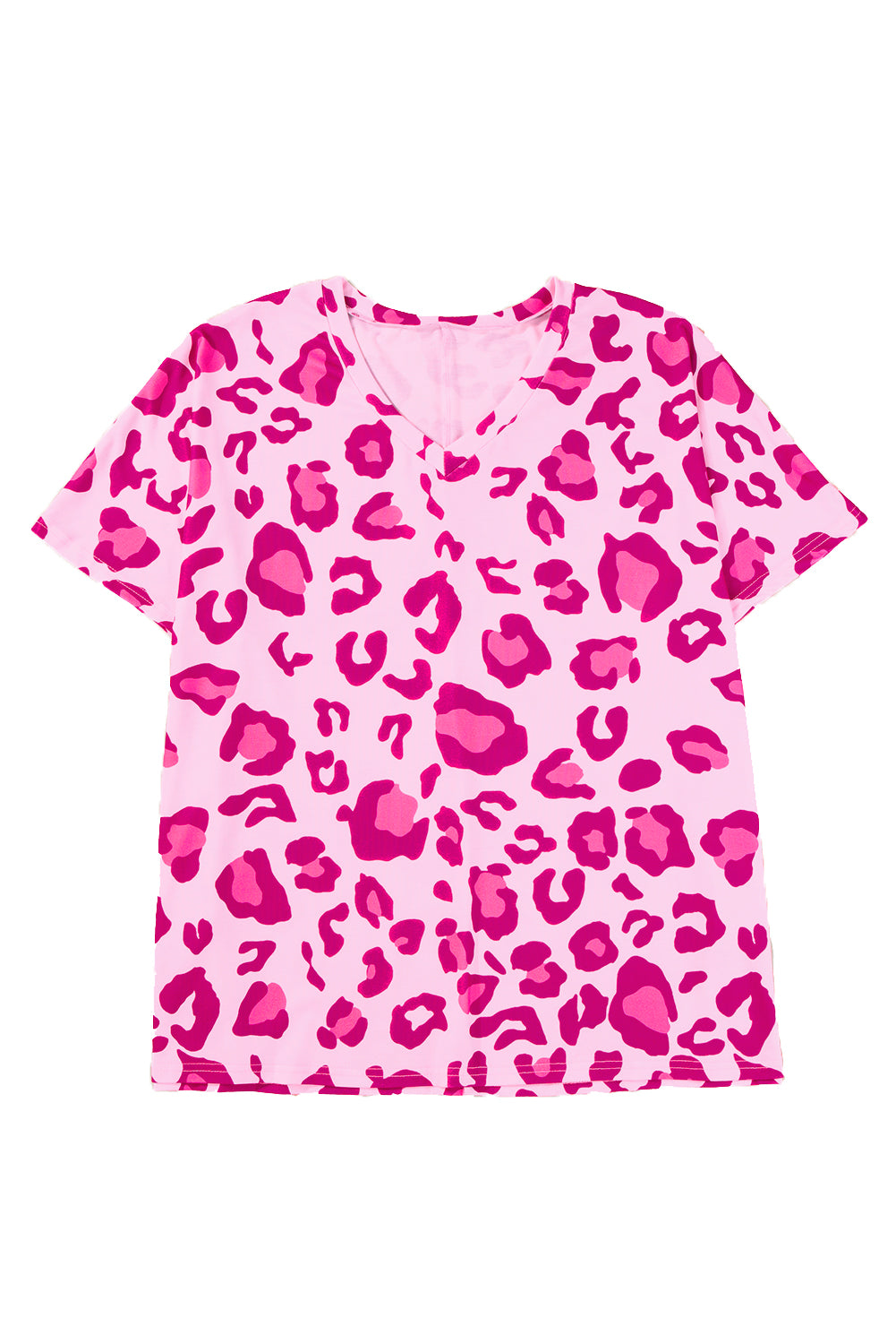 Pink Leopard Print V Neck Plus Size Tee