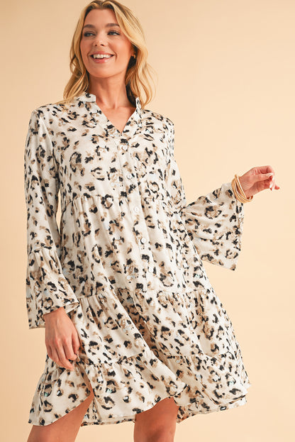 Rose Leopard Button V Neck Pocket Flowy Mini Dress