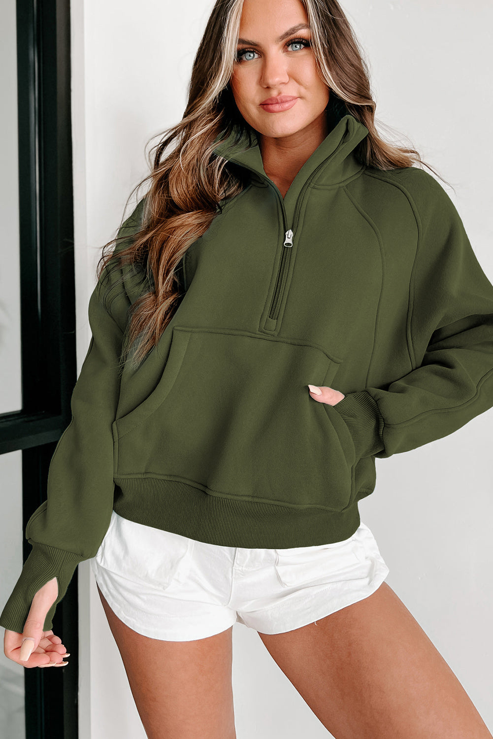 Brown Stand Collar Thumbhole Sleeve Sweatshirt