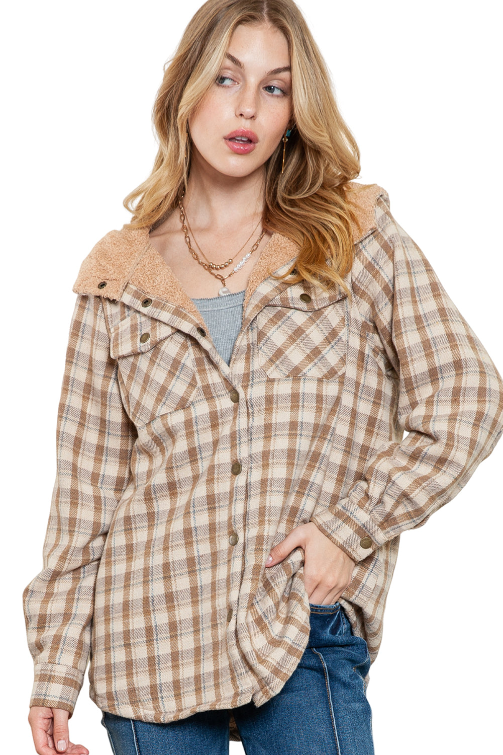 Blue Snap Button Sherpa Lined Hooded Flannel Jacket