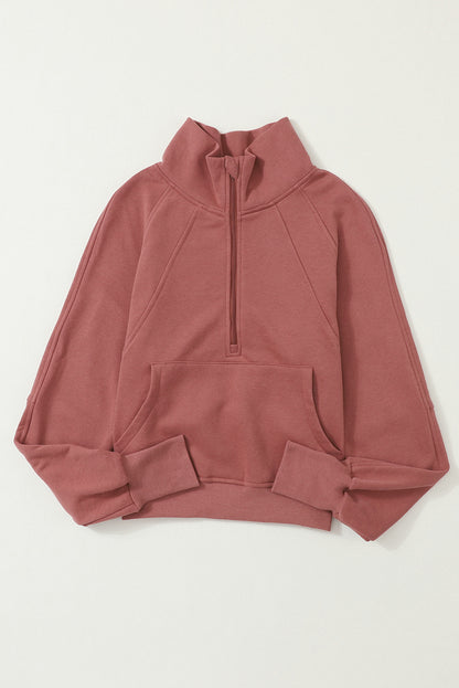 Brown Stand Collar Thumbhole Sleeve Sweatshirt