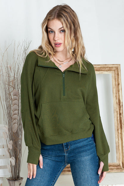 Brown Stand Collar Thumbhole Sleeve Sweatshirt