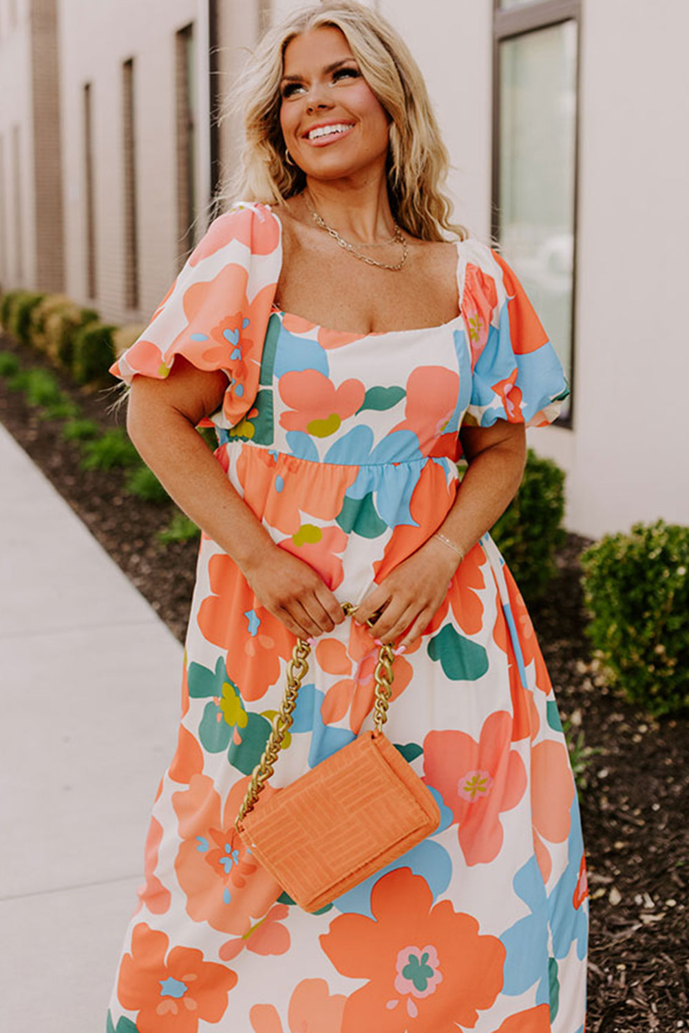 Orange Plus Size Floral Print Square Neck Maxi