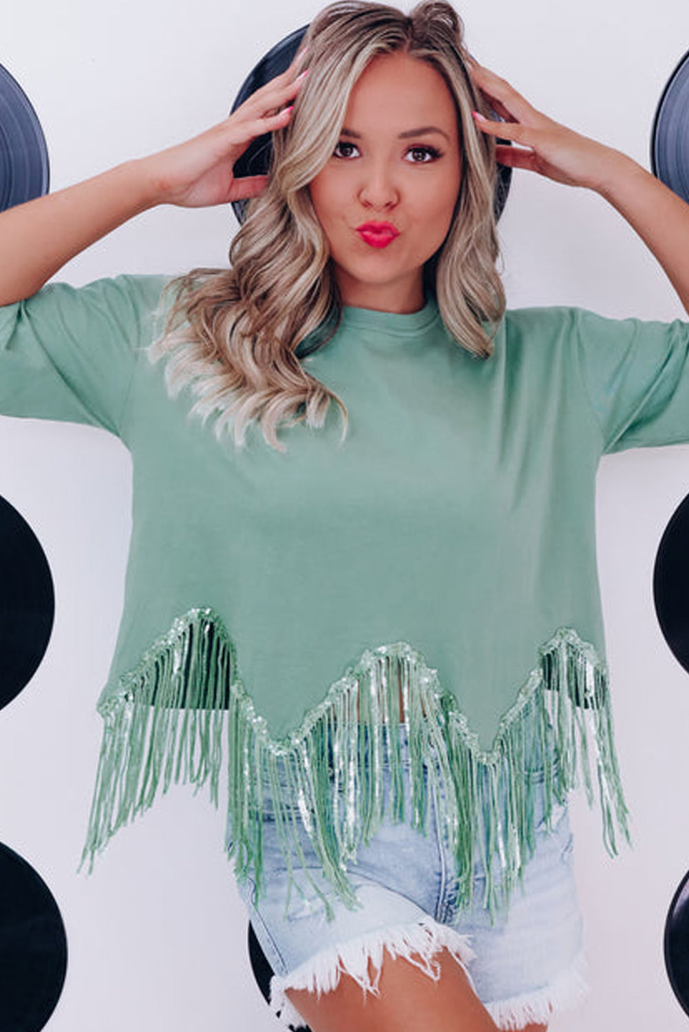 Pink Casual Fringe Sequin Hem Cropped T Shirt