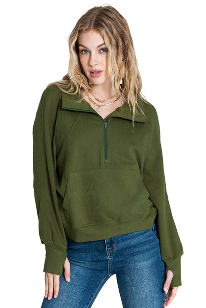 Brown Stand Collar Thumbhole Sleeve Sweatshirt