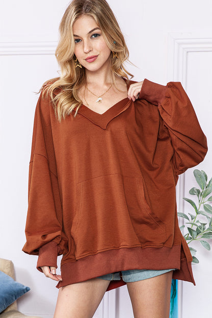 Chestnut Patchwork V-Neck Oversized Slit Hem Sweatshirt