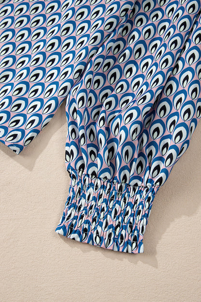 Sky Blue Abstract Print Collared Lantern Sleeve Shirt