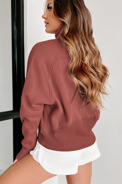Brown Stand Collar Thumbhole Sleeve Sweatshirt