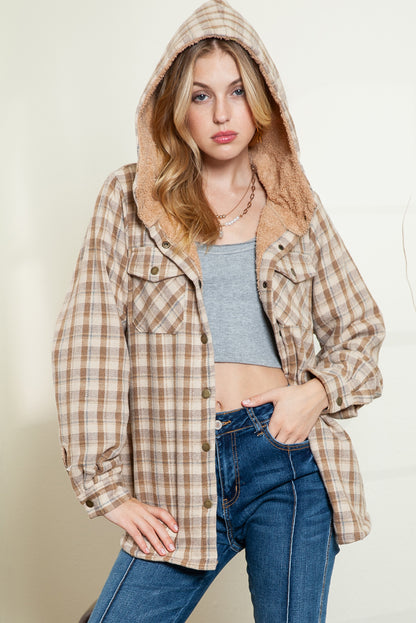 Blue Snap Button Sherpa Lined Hooded Flannel Jacket