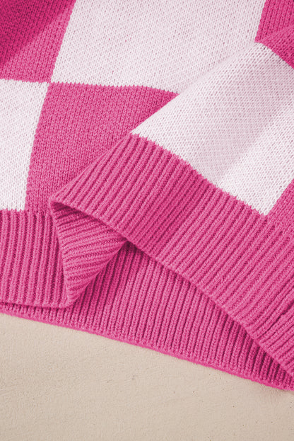 Pink Checked Bishop Sleeve Pullover Sweater