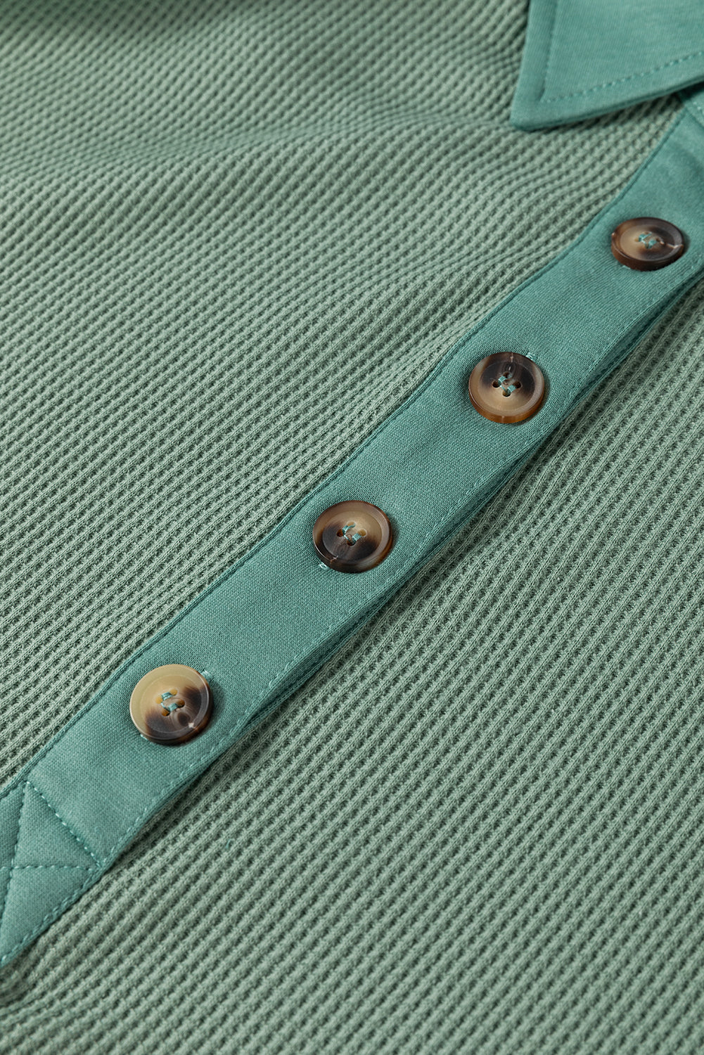 Smoke Green Waffle Patchwork Drop Sleeve Henley Top