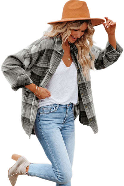 Pink and Grey Plaid Button Up Collar Flannel Shacket