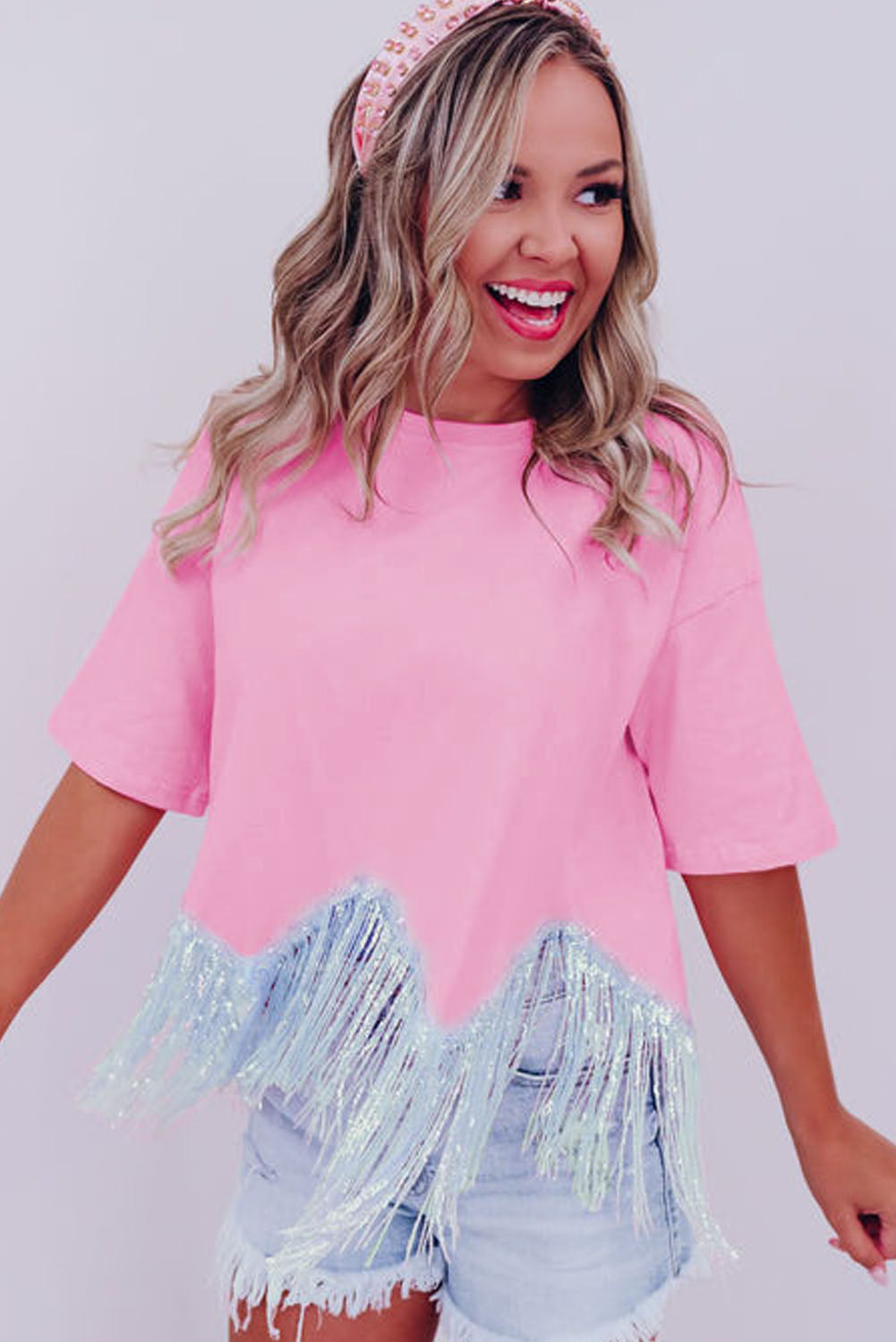 Pink Casual Fringe Sequin Hem Cropped T Shirt