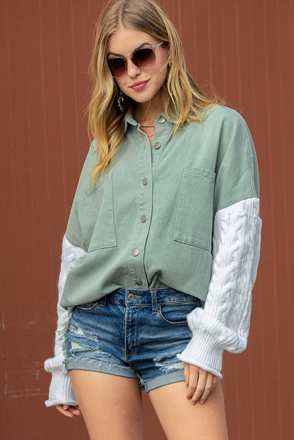 Green Cable Knit Patchwork Sleeve Raw Hem Shacket