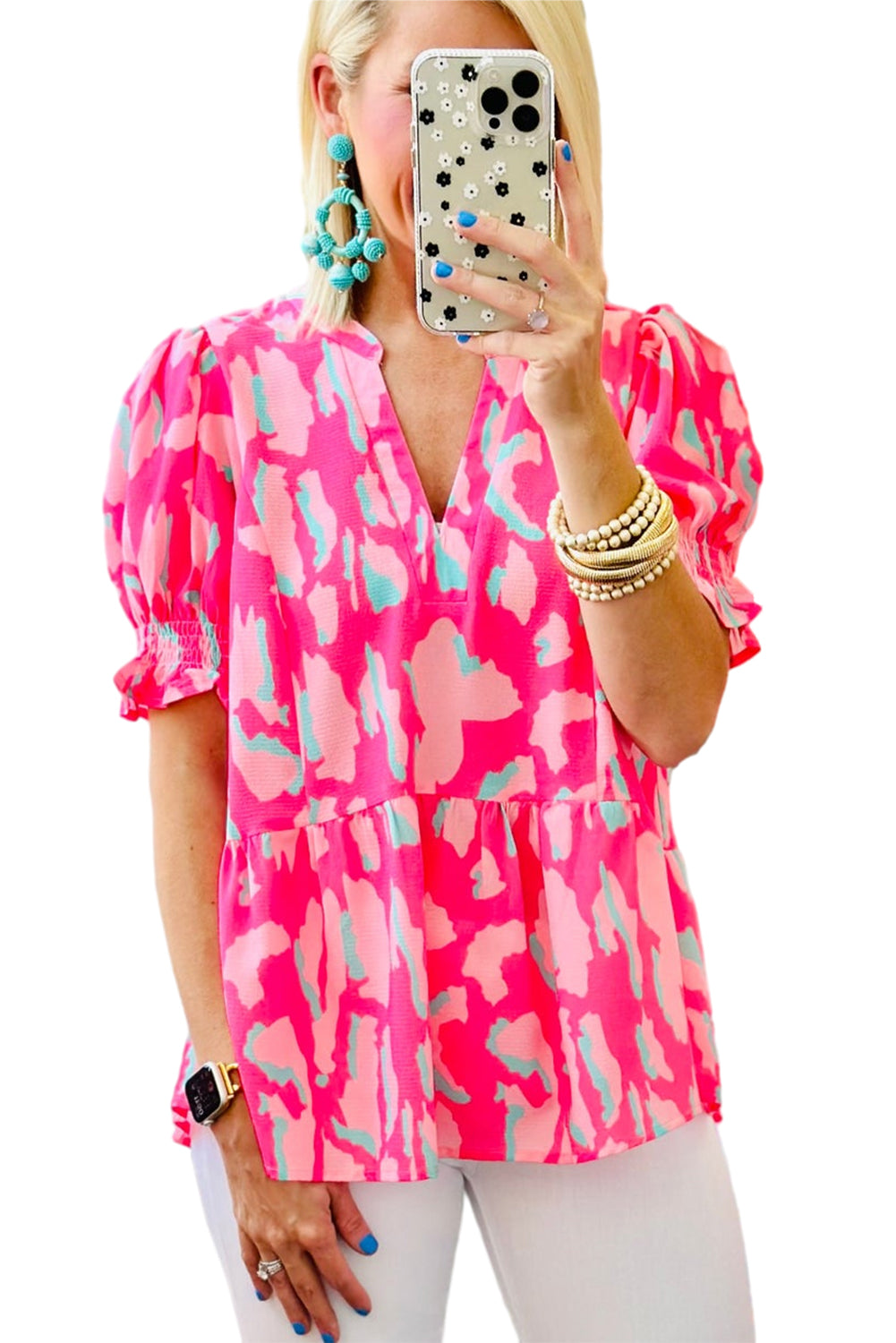 Rose Abstract Print Smock Puff Sleeve V Neck Blouse