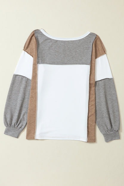 Khaki Color Block Exposed Seam Long Sleeve T Shirt